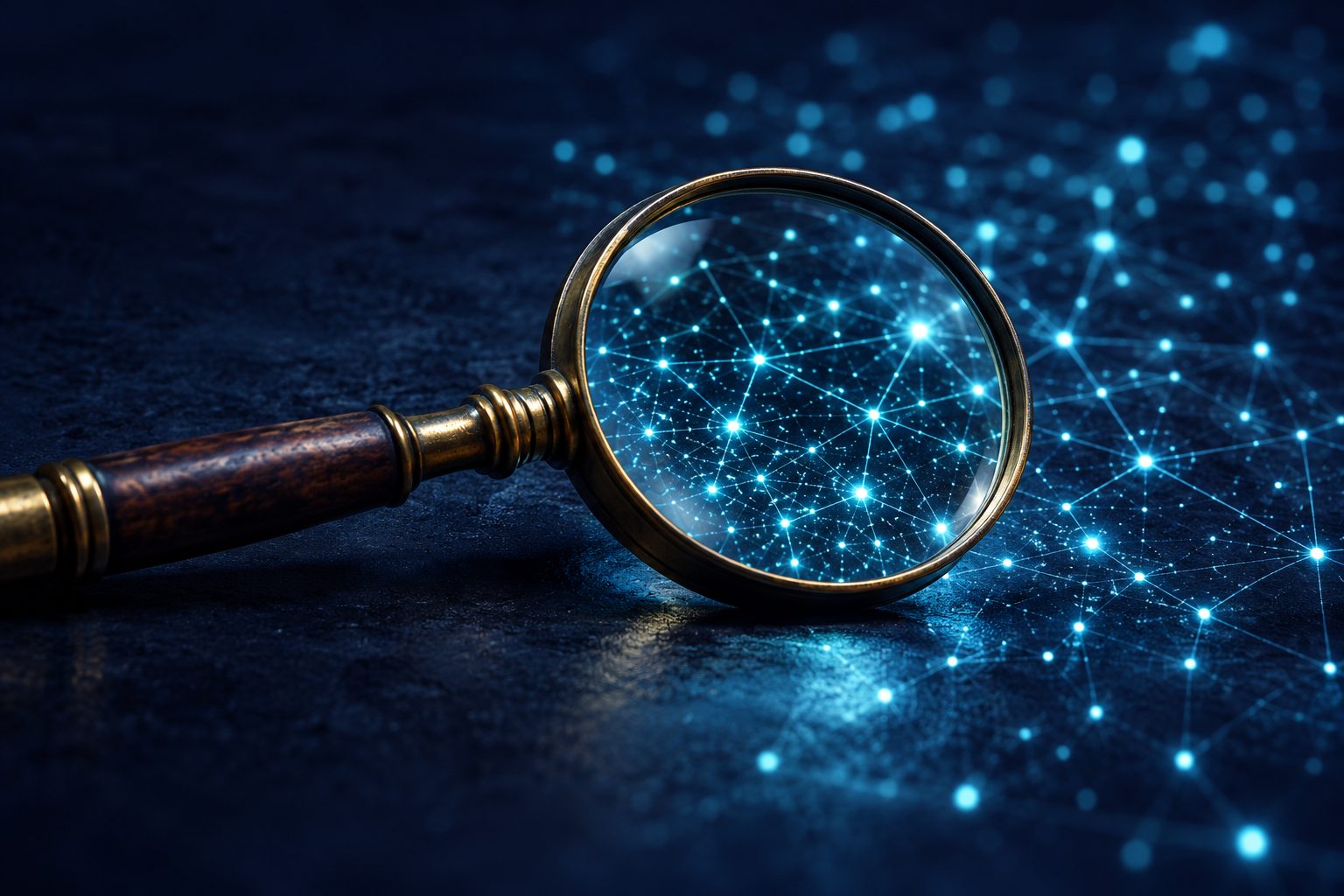A brass magnifying glass over a constellation of connected points of light